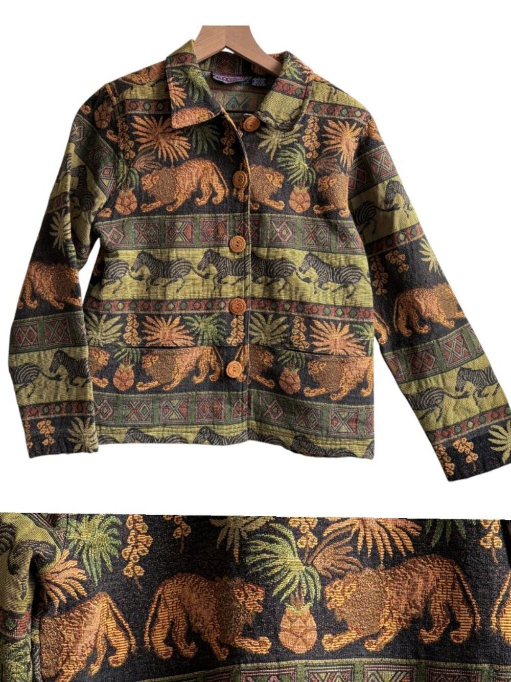 Vintage New Identity Tapestry Jacket Women Size Small Zoo Safari Animals 90s